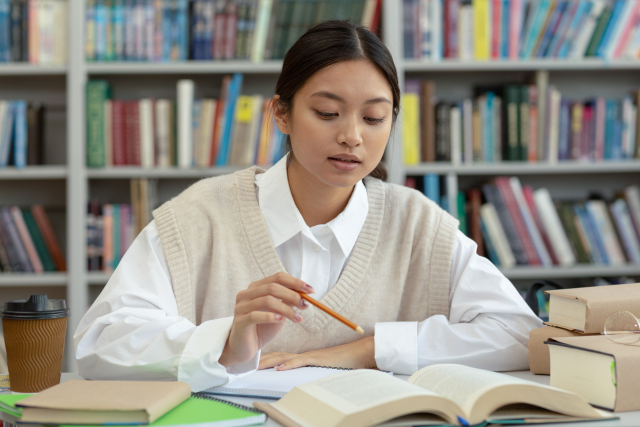 母子家庭の大学進学を目指して奨学金制度を調べながら勉強する女子学生。返済不要の給付型奨学金や授業料免除制度の情報を整理している様子。